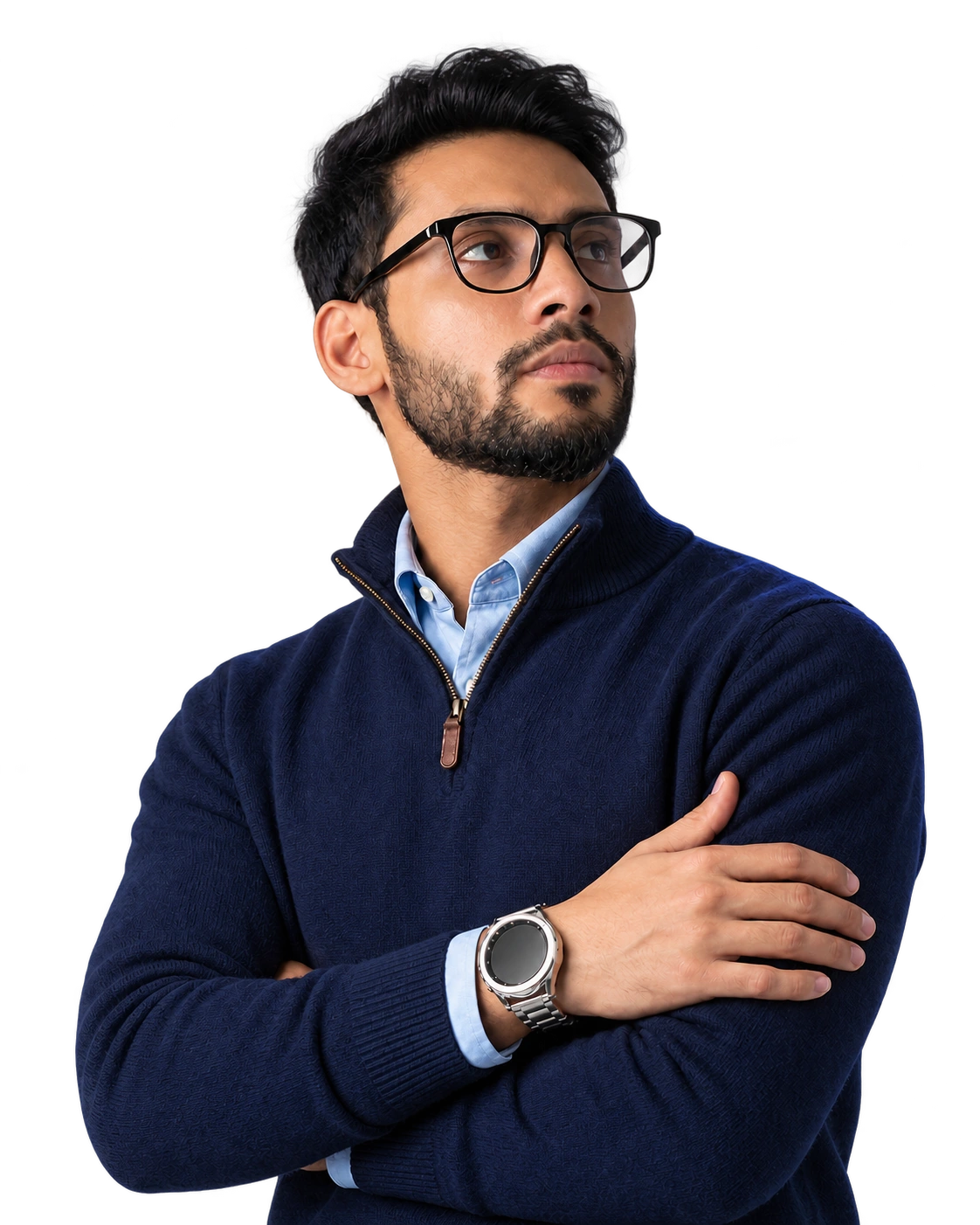 Ebrahim Alhebshi, wearing glasses and a sweater